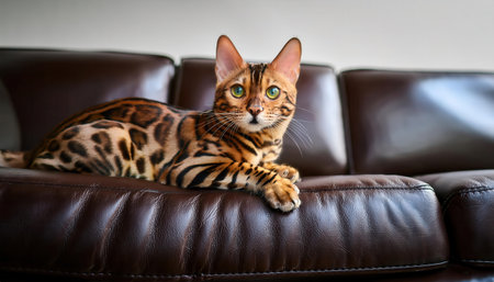 A Bengal cat relaxes on a leather sofa, enjoying a warm and cozy atmosphere.の素材