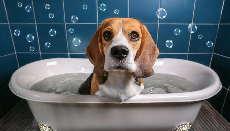 A cheerful beagle happily relaxes in a bubble filled vintage bathtub.の素材
