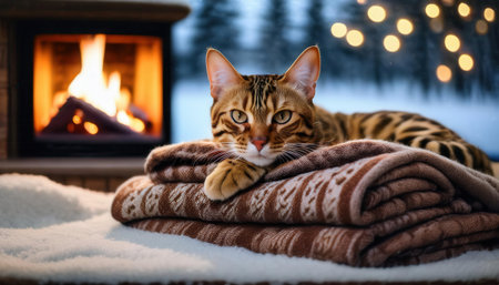 A Bengal cat lounges on folded blankets by a cozy fireplace as snow falls outside.の素材