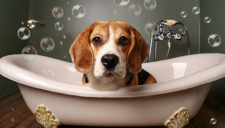 A beagle relaxes in a vintage bathtub filled with bubbles, enjoying bath time fun and warmth.の素材