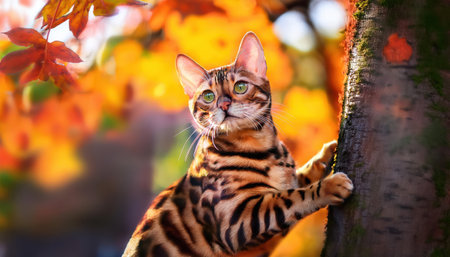A playful Bengal cat climbs a tree amid vibrant autumn leaves, highlighting its fur patterns.の素材