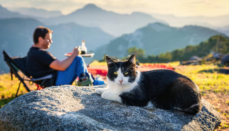 A black and white cat relaxes on a rock as its owner sketches in the sunny mountains.の素材