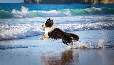 A vibrant border collie joyfully jumps through the splashing waves at the beach.の素材