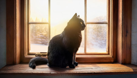 A curious black cat relaxes on a wooden windowsill, watching the world as sunlight spills inside.の素材