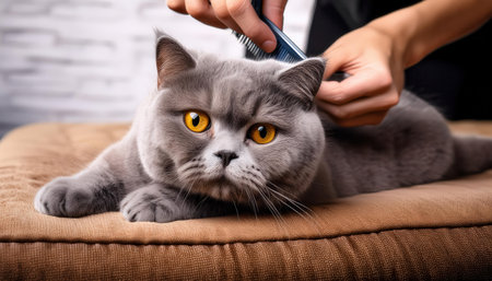 A person gently combs the fur of a plush, gray cat lying comfortably on a soft cushion.の素材