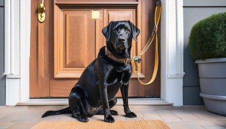 A black labrador sits patiently on a welcome mat, leash on, ready for an adventure nearby.の素材