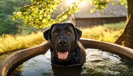 A black dog joyfully splashes in a water tub under warm sunlight, surrounded by lush greenery.の素材