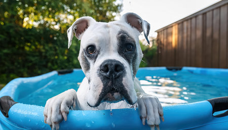 This cheerful dog enjoys a splash in a bright blue pool surrounded by greenery under clear skies.の素材