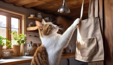 A curious cat stretches to grab a bag in a warm kitchen filled with natural light and plants.の素材