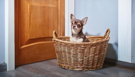 A small chihuahua sits cutely in a woven basket near a wooden door, exuding charm and warmth.の素材