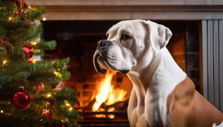 A happy dog relaxes by a decorated Christmas tree with warm flames nearby.の素材