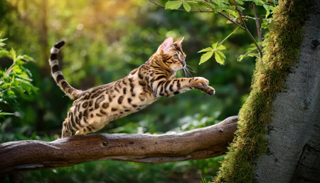 A playful cat leaps from a branch into a vibrant, sunny garden full of greens.の素材