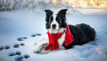 A lively border collie with a red scarf rests in the snow, enjoying winters beauty.の素材