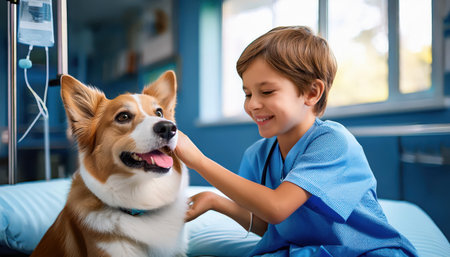 A happy child interacts tenderly with a lovable corgi in a vibrant animal care setting.の素材