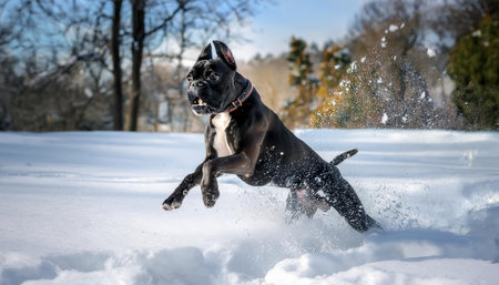A playful dog joyfully bounds through deep, sparkling snow, showcasing its vibrant energy.の素材