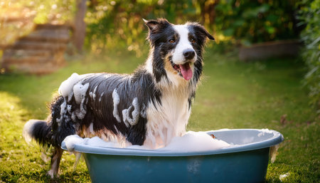 A joyful pet dog stands in a bubble filled tub surrounded by a lush garden, soaking up sunlight.の素材
