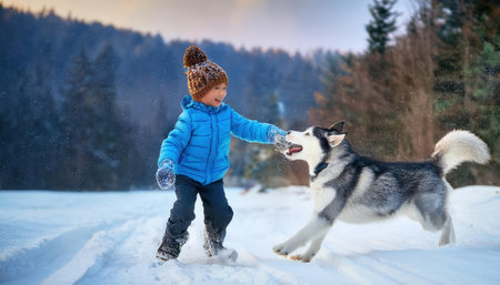 A child in warm clothes plays joyfully with a spirited dog in fresh snow by the forest.の素材