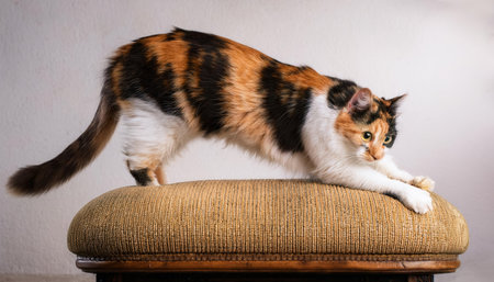 A curious cat playfully stretches out on a colorful cushion in an inviting indoor space.の素材