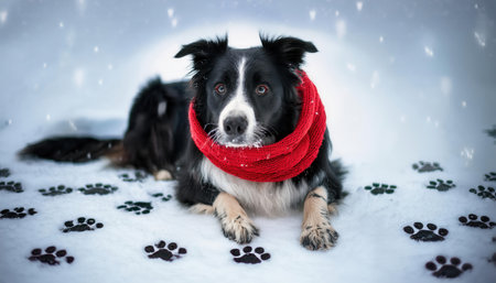 A joyful black and white dog sits cozily in fresh snow, wrapped in a bright red scarf.の素材