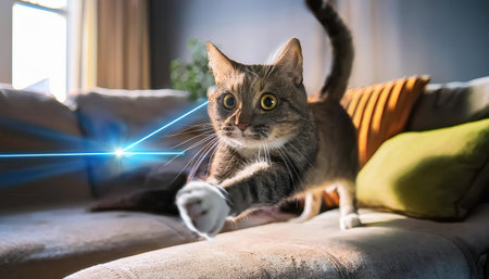 A playful cat leaps eagerly towards a captivating laser light in a bright room, full of joy.の素材