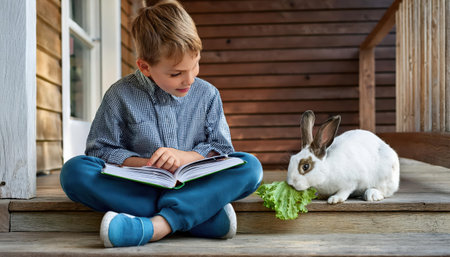 A young boy sits on a wooden porch, reading a book while his playful rabbit enjoys fresh lettuce.の素材