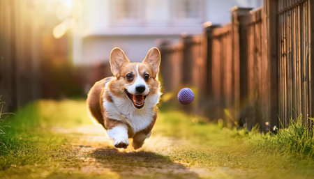 A lively corgi joyfully chases a purple ball down a sunny path.の素材