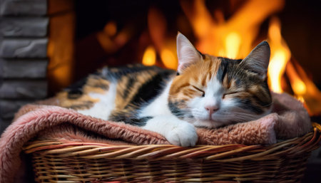 A calico cat peacefully sleeps in a woven basket, surrounded by the warmth of a familiar hearth.の素材
