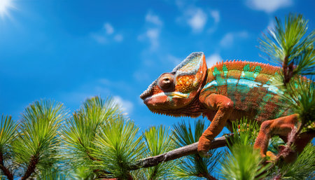 A colorful chameleon navigates a lively pine branch, showcasing its vibrant hues against the sky.の素材