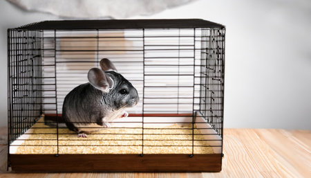 A lively chinchilla curiously moves around its spacious enclosure, showcasing its vibrant fur.の素材