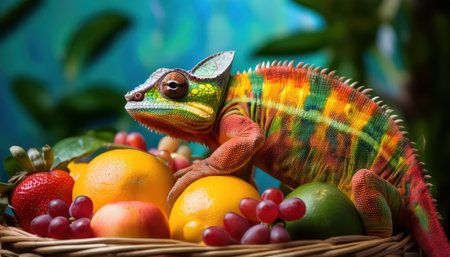 A striking chameleon rests among assorted fruits, showcasing its vivid colors and patterns.の素材