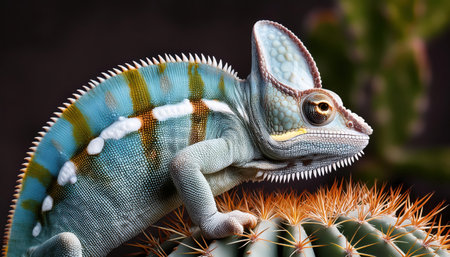 A chameleon perches on a cactus, its vibrant colors shimmering in the sunlight.の素材