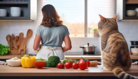 A curious cat admires the chefs culinary skills from a countertop, surrounded by fresh vegetables.の素材