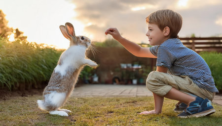 A boy engages happily with his rabbit, creating a delightful bond in a lush garden at sunset.の素材