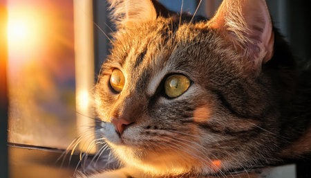 A curious tabby cat watches the warm sunset colors fill the room.の素材