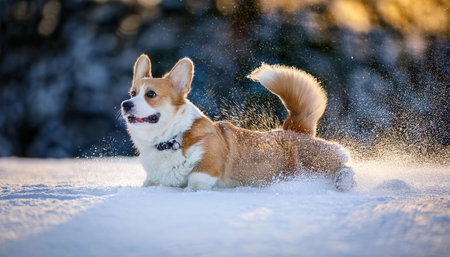 A cheerful corgi bounds through fresh snow, leaping and kicking up frozen crystals in joy.の素材