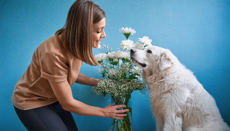 A woman admires her fluffy dog while arranging fresh flowers in a lively room filled with color.の素材