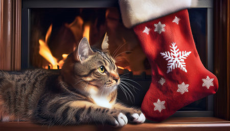 A playful cat lounges near a warm fireplace, gazing at a colorful stocking adorned with snowflakes.の素材