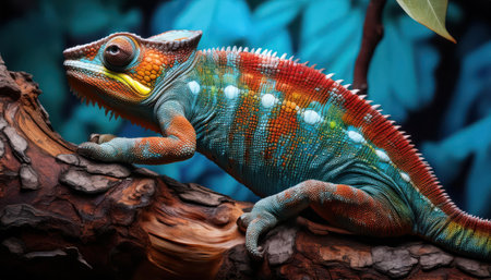 A vibrant chameleon climbs a textured branch in a lush, colorful environment with vivid foliage.の素材
