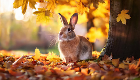 A cheerful rabbit sits quietly among vibrant autumn leaves, basking in warm sunlight.の素材