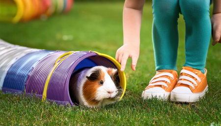 A lively guinea pig peeks out from a vibrant tunnel while a child gently reaches to touch it.の素材