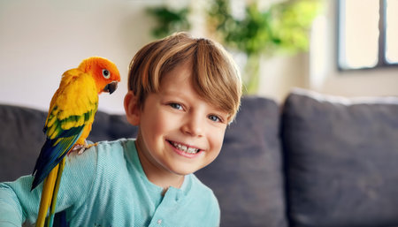 A young boy smiles brightly while interacting with his vibrant parrot on his shoulder.の素材
