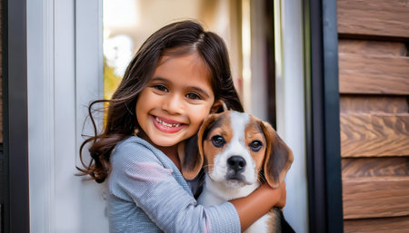 A little girl smiles brightly while hugging her adorable puppy by the door on a sunny day.の素材