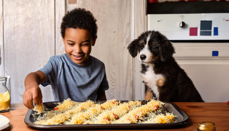 A young boy enjoys preparing tasty food with his furry friend eagerly watching nearby.の素材