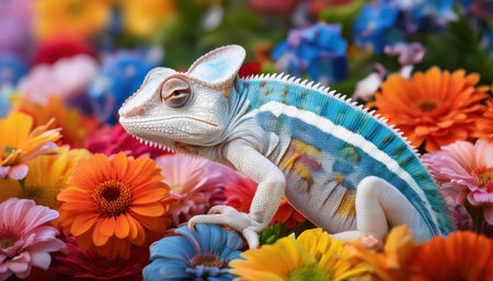 A chameleon rests among vibrant flowers, showcasing its colorful hues.の素材