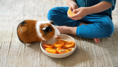 The cheerful guinea pig nibbles on tasty fruit while a child savors a slice nearby.の素材
