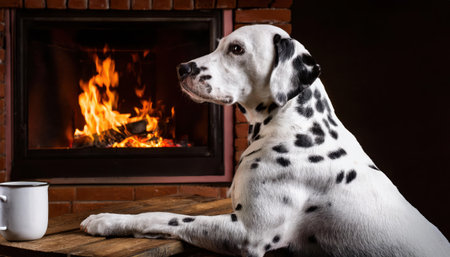 A happy dalmatian sits by the warm fireplace, watching the flames dance in delight during winter.の素材