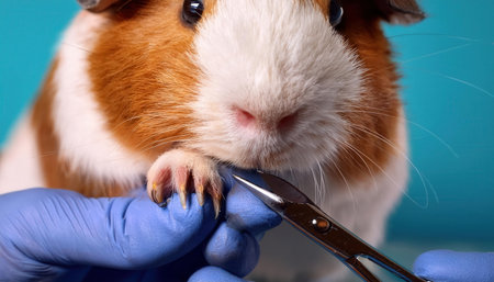 A pet owner gently trims the nails of a lively guinea pig, showcasing a moment of care.の素材