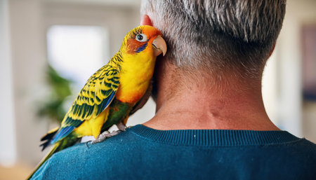 A colorful parrot cuddles against a personの素材