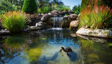 A lively turtle swims gracefully in a clear pond surrounded by lush greenery and a waterfall.の素材