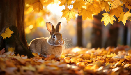 A lively rabbit basks in the sunny autumn scene of vibrant orange leaves.の素材